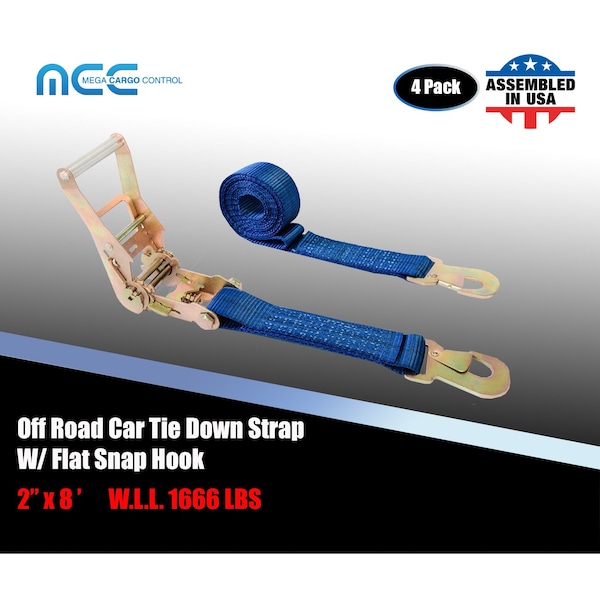 2" x 8' Ratchet Tie Down Strap w/ Flat Snap Hook Car Auto Hauler Tow Truck Blue, 4PK